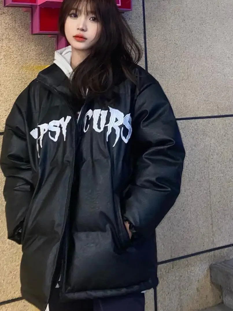 2024 Thick Warm Ins European and American Street Hip-hop PU Leather Cotton-padded jacket Outerwear Women's Winter Couple Swee...
