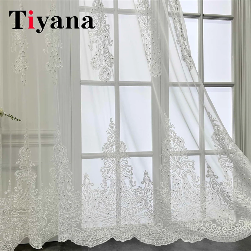 

French Luxury Villa White Pearls Embroidered Sheer Tulle Curtain For Bedroom Living Room Window Drapes Wedding Voile Curtains