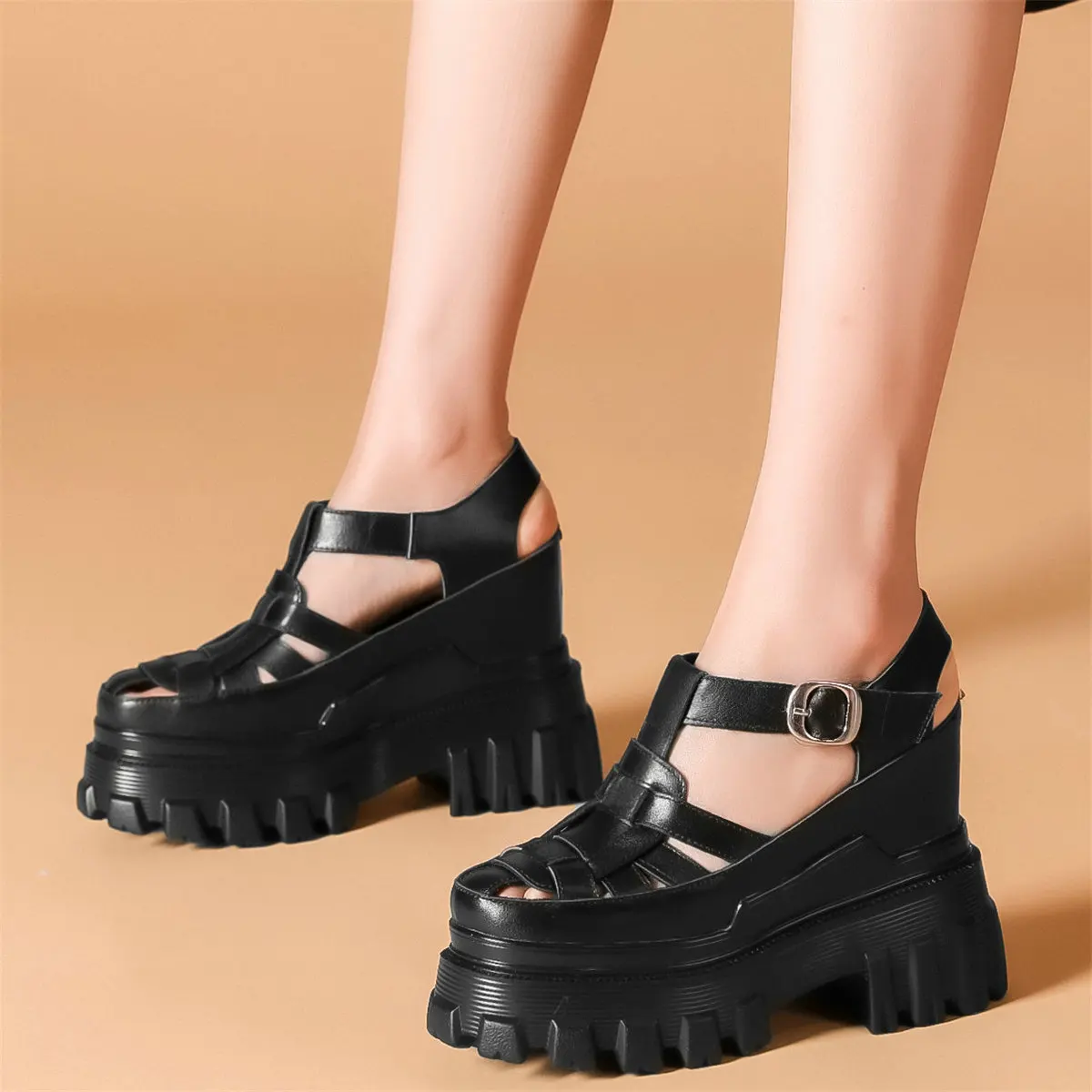

12cm Super High Heels Fashion Sneakers Women Cow Leather Wedges Gladiator Sandals Female Open Toe Platform Pumps Casual Shoes