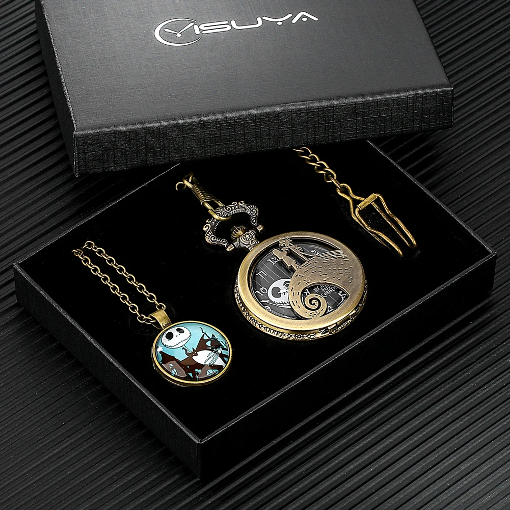 Skull Pocket Watch Necklace Pendant Luxury Gift Set Box Hollow Analog Bronze Quartz Fob Watch Chain Clock Relógio De Bolso