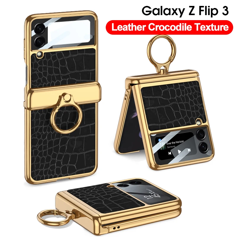 

GKK Plating Magnetic Leather Case For Samsung Galaxy Z Flip 3 Case All-included Back Tempered Glass Hard For Galaxy Z Flip3 Case