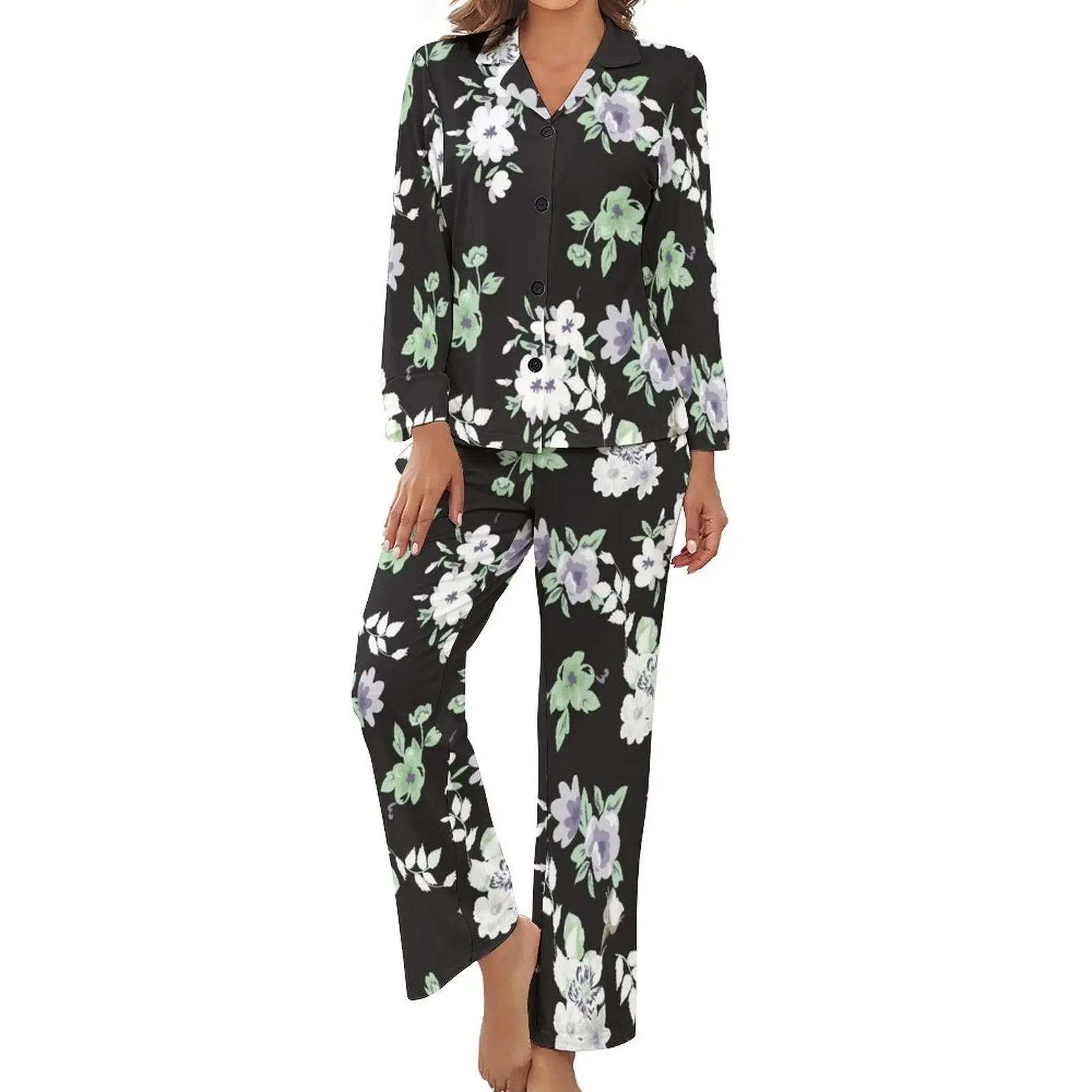 

Daisies Trendy Pajamas Female Flowers Print Romantic Home Suit Spring Long Sleeve 2 Pieces Bedroom V Neck Pajamas Set