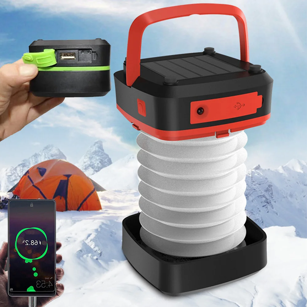 

Solar Powered LED Camping Lantern Lamp Outdoor Fishing Tent Lights Collapsible Solar or USB Rechargeable Charger for Phone