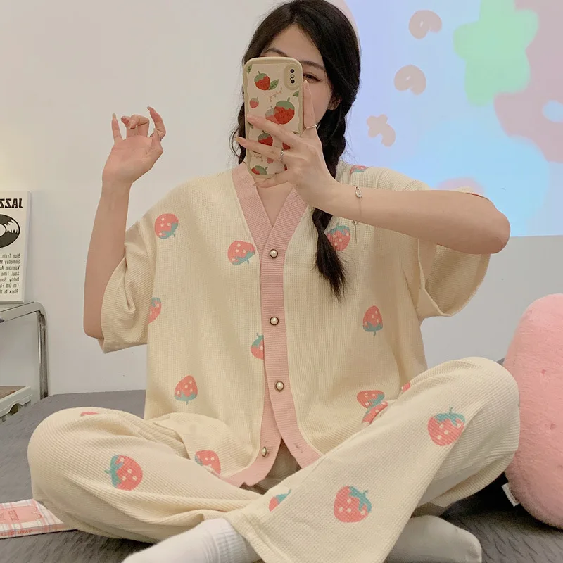 Elegant Women's Summer Waffle Cotton Pajamas Set Chic Lingeries Girl Kawaii Pijama Short Sleeve Casual Sleepwear Women's Clothes