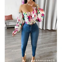 women blouse tops sexy floral print slim off shoulder backless tops for women flared sleeves flare sleeve slash neck short top