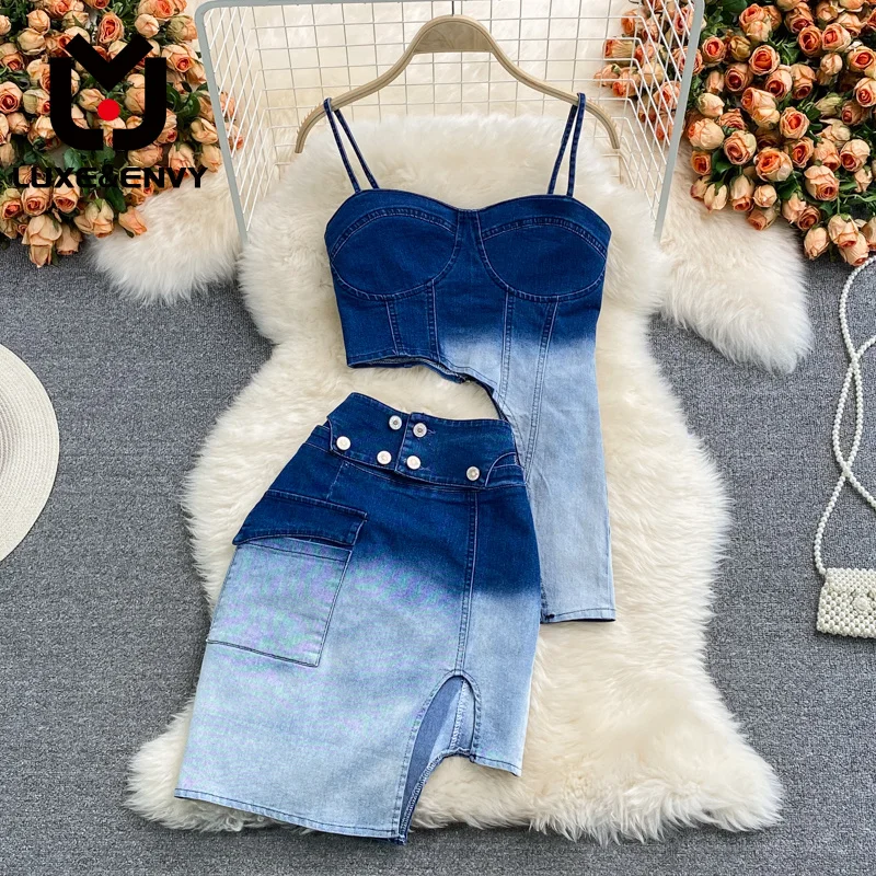 

LUXE&ENVY Gradient Denim Set Women's Sexy Irregular Sling Vest High Waist Hem Split Hip 2023 Spring New 11XX01138