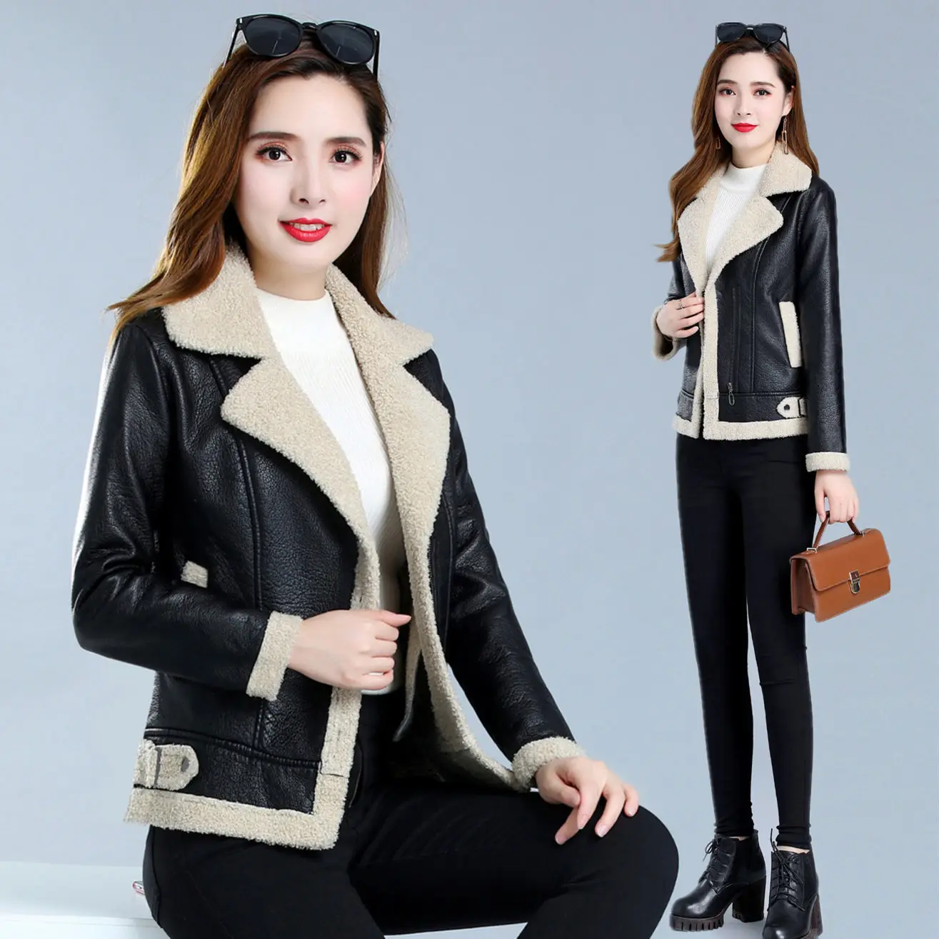 Cashmere Fur Thickened Leather Coat for Women  Autumn  Winter 2022, Korean PU Leather  Short  Lamb Fur Coat Skinny Jacket