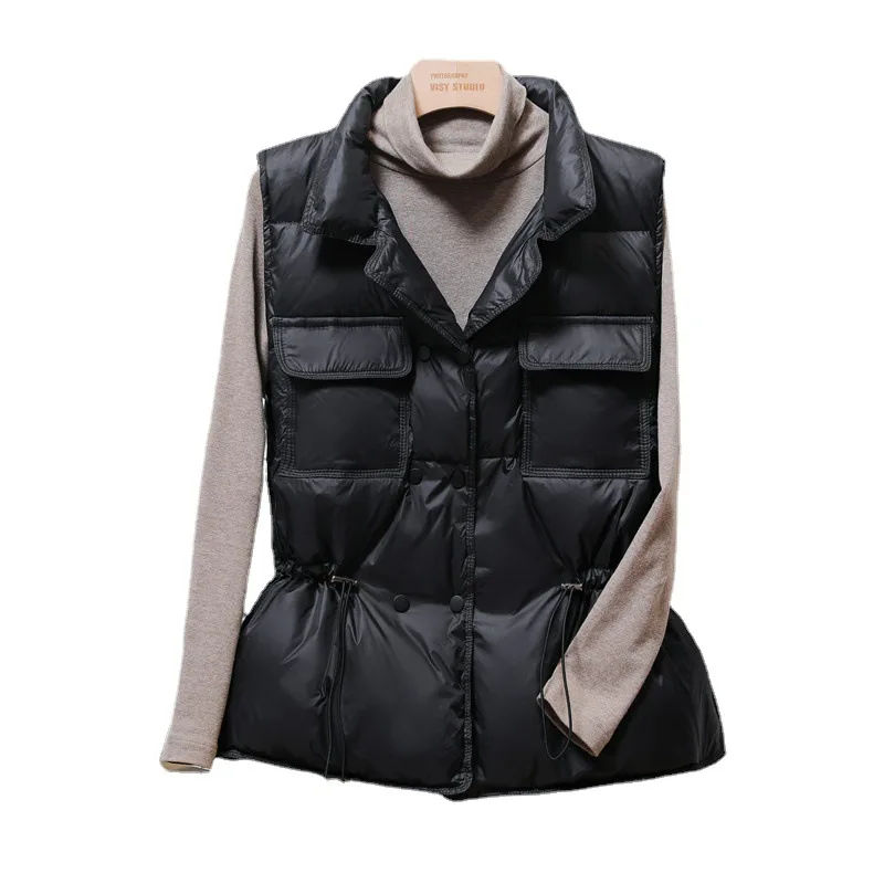 Down Vest Women's Short Spring and Autumn Korean Fashion Stand Collar Waistband Thin Vest Jacket Trend