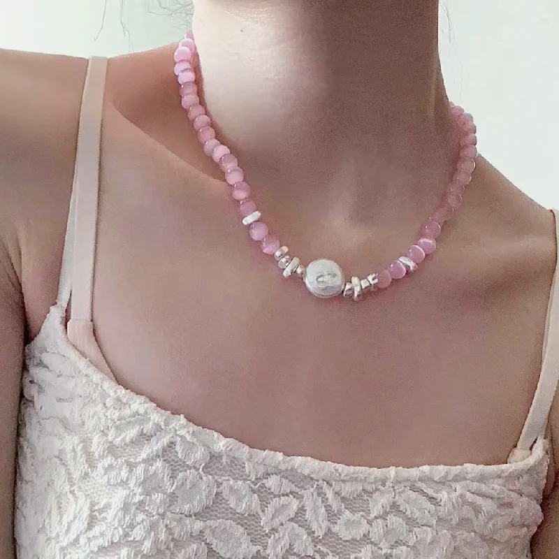 

Minar Boho Pink Color Crystal Natural Stone Choker Necklaces for Women Silver Freshwater Pearl Pendant Necklace Holiday Jewelry
