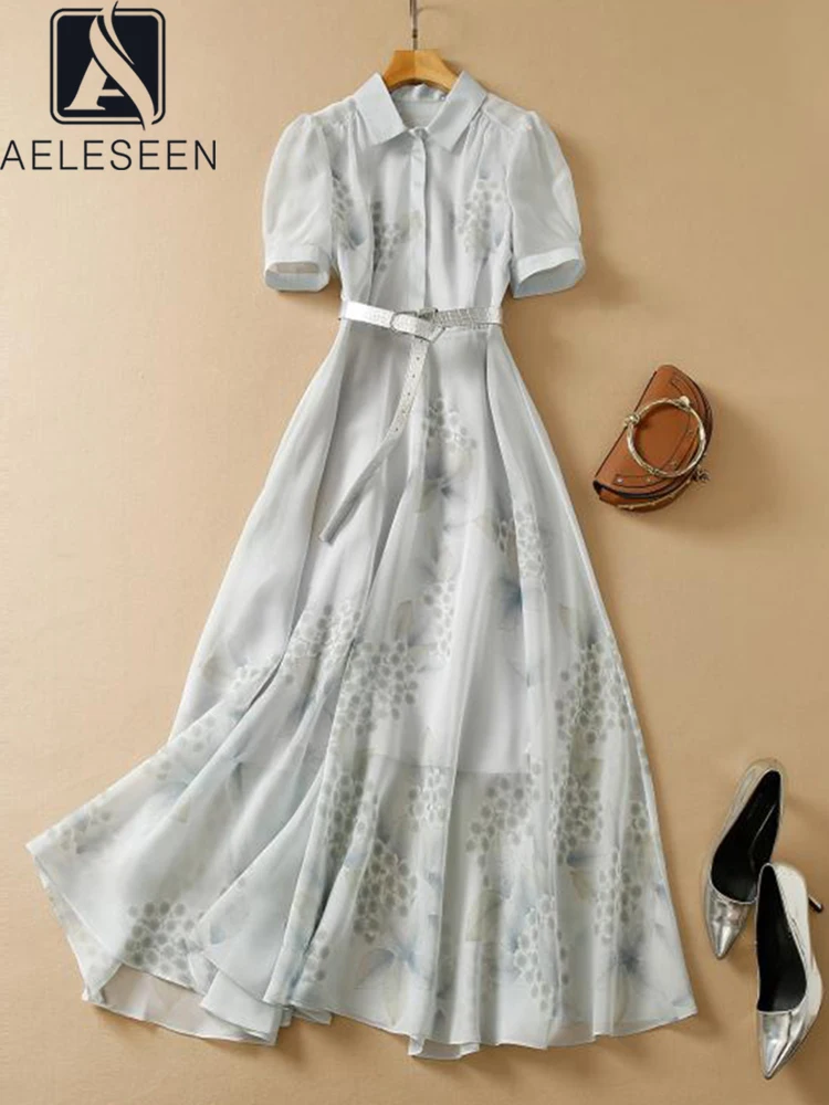 AELESEEN 2022 Summer Dress Women Runway Fahsion Single Breasted Gray Flower Printed Belt Vintage Elegant Party Long