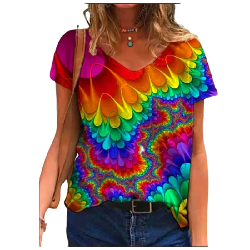 

Summer 2022 New Casual Short Sleeve V-neck T-shirt Women's Fashion 3D Abstract Printed T-shirt