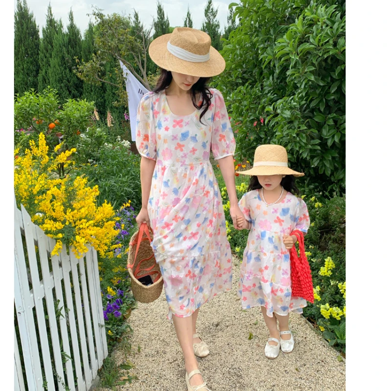 

Elegant Party Mother and Daughter Dress Equal Summer Mom Baby Girls Princess Dresses Floral Family Matching Clothes Women Frock