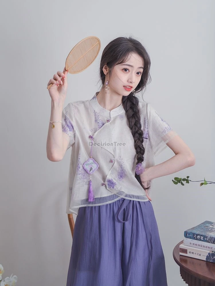 2024 новый китайский стиль нерегулярный дизайн блузка Cheongsam с короткими рукавами +