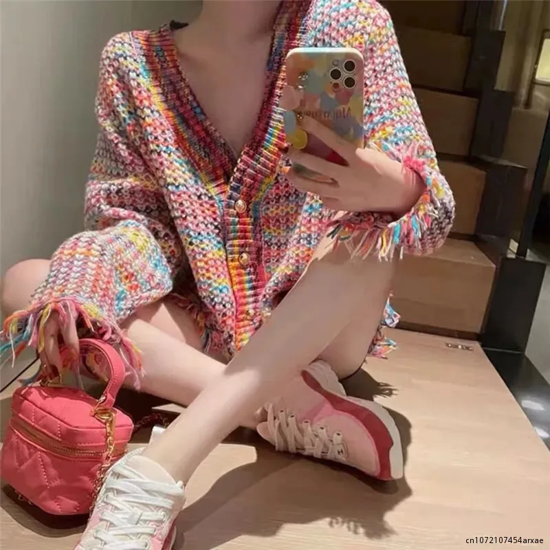 

2023 Autumn Knitted Cardigan Women's Colorful V-neck Single-breasted Fringed Pocket Loose Temperament Fashion Sweater Jacket
