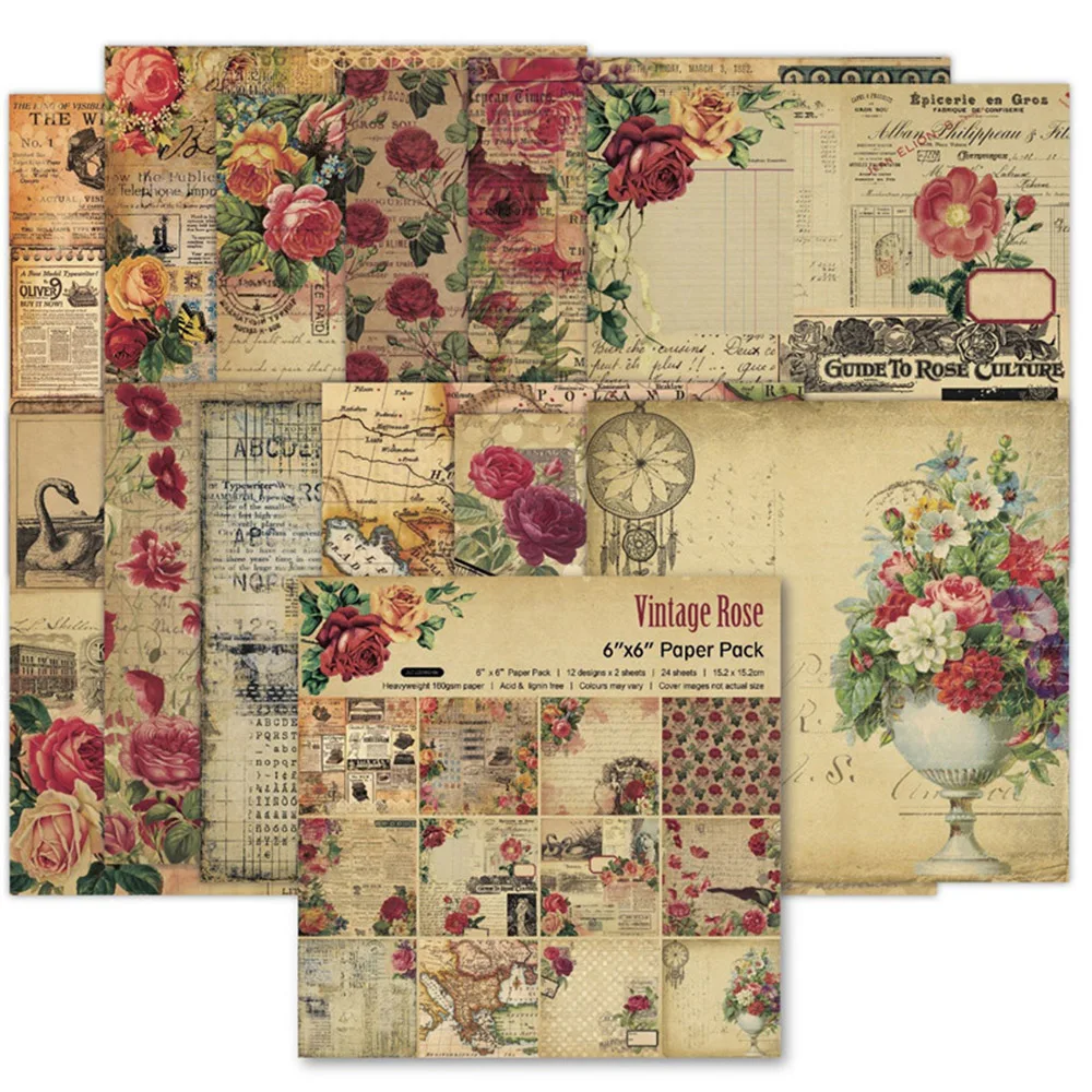 

24 / Set 6 Inches Vintage Stone Texture Flowers Paper Kraft Card DIY Photo Qlbum Single-Sided Stickers 15.2x15.2cm
