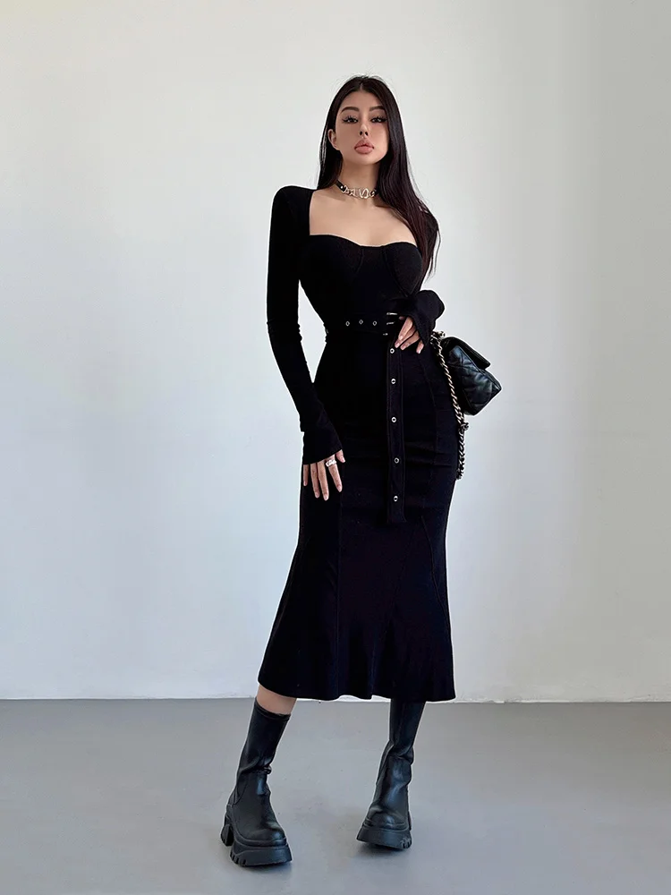 Женский квадратный корсет в рубчик с длинным рукавом и мягким поясом