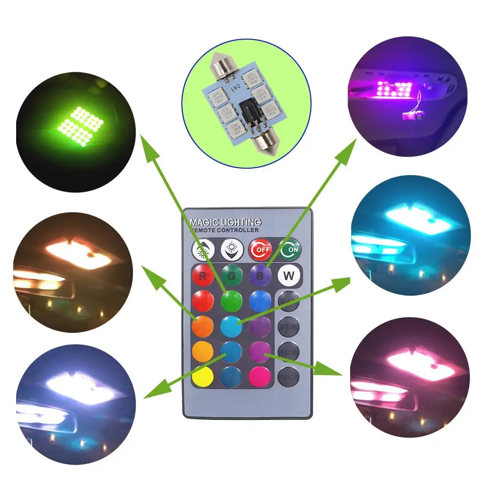 Фото 2X RGB 6SMD потолочная купольная гирлянда лампа для чтения C5w Автомобильная атмосфера с дистанционным управлением светодиодсветильник лампа дл... №2