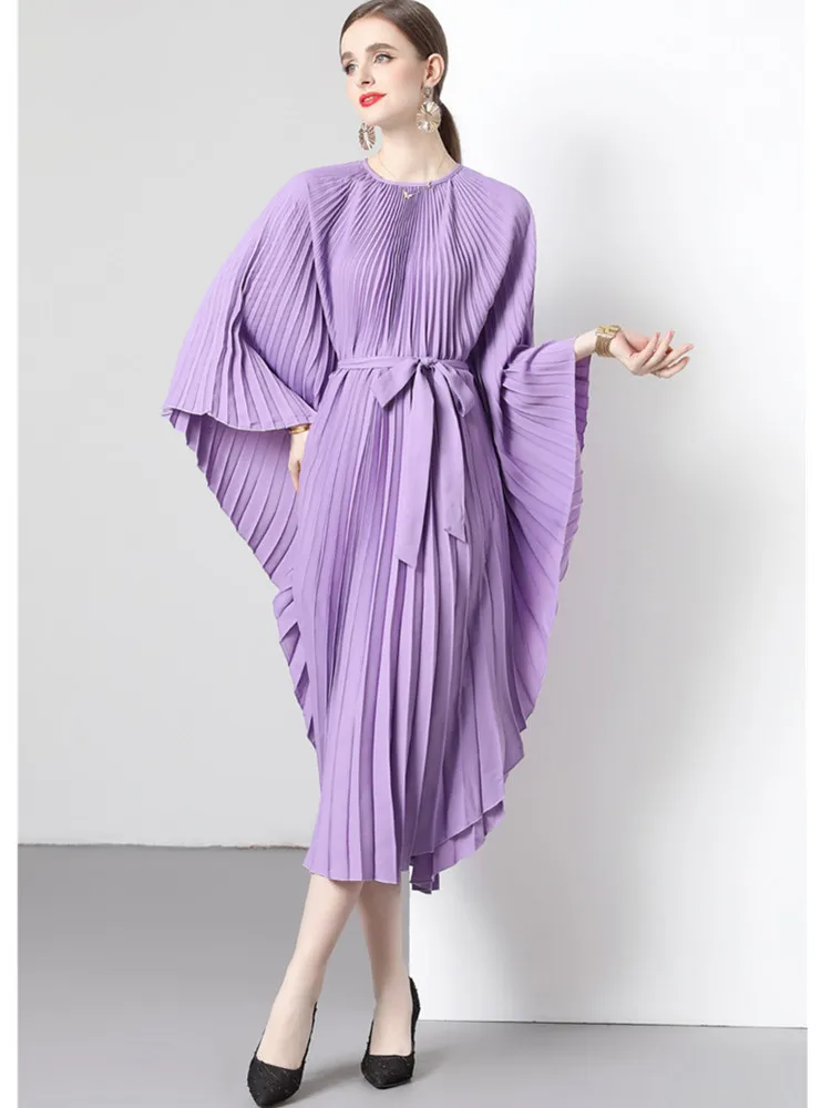 

New Fashion Miyake Pleated Solid Big Swing Dress Women O-Neck Batwing Sleeve Medium Long Spring Summer Lace Up Elegant Dress