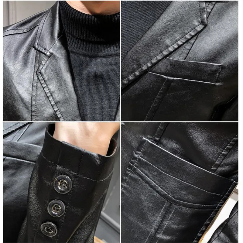Fashion Mens Pu Leather Jackets Kpop Style Autumn Jacket Biker Faux Leather Coats Wine red Black Overcoats Coats Plus Size S-5XL images - 6