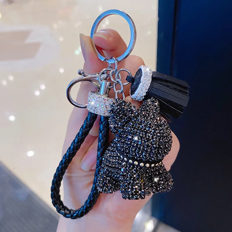 New Rhinestone French Bulldog Keychain Cartoon Car Tassel Key Ring Holder Pitbull Pendant Bag Llaveros Mujer Jewelry accessories images - 6