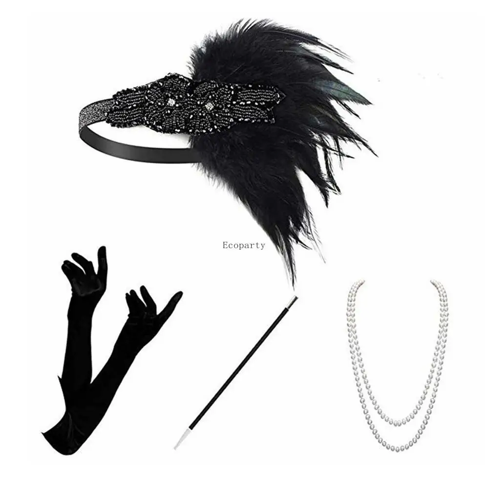 

1920s Great Gatsby Accessories Set for Women 20s Costume Flapper Headband Pearl Necklace Bracelet Earring Cigarette Holder ppp