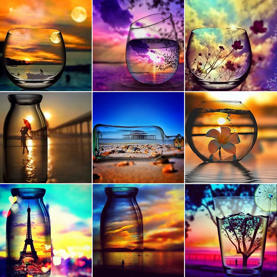 5D алмазная живопись закат винная бутылка Набор для вышивки крестиком полная