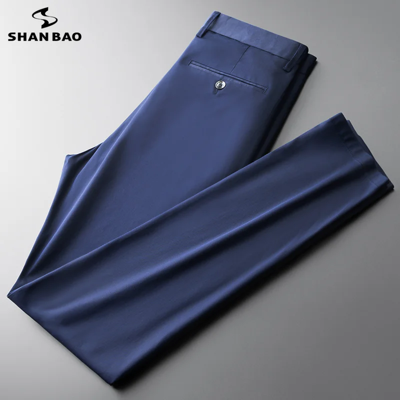 

SHAN BAO Summer Brand Bamboo Fiber Thin Cotton Stretch Men's Fit Straight Pants Business Casual High Waist Lightweight Trousers