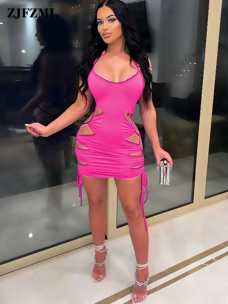 

Sexy Bandage Side Hollow Out Sheath Mini Dress Backless Summer Dresses for Women Spaghetti Strap Beachwear Y2k Clothes Clothing