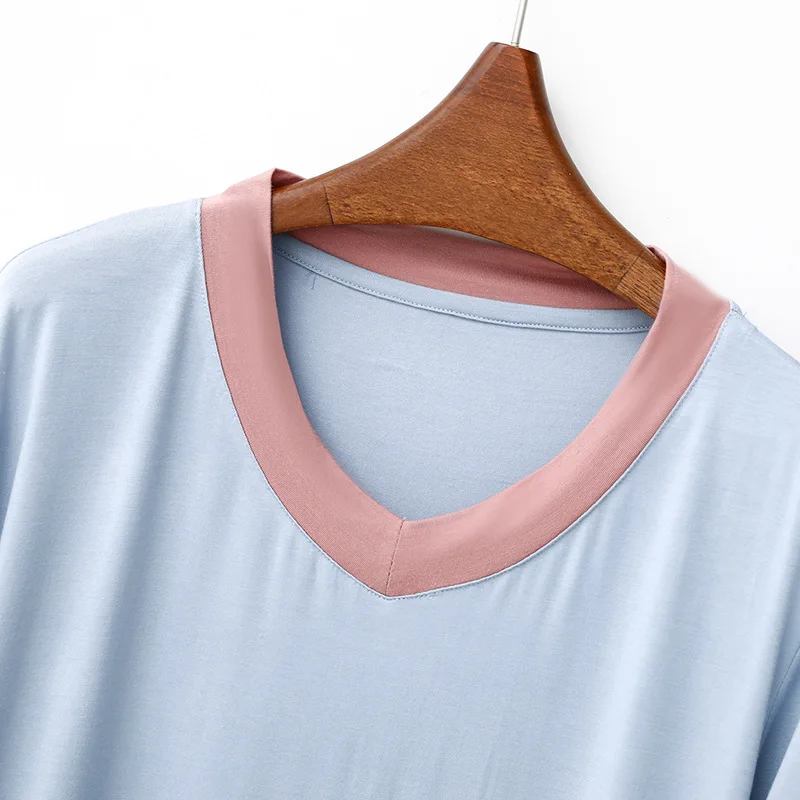 Modal Women Pajamas Set Pyjamas Spring New V Neck Contrasting Colors Half Sleeve Printing Casual Fit Loose Outdoor Nightclothing