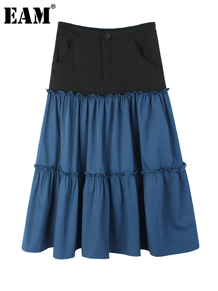 

[EAM] High Elastic Waist Blue Color-block Long Pleated Elegant Half-body Skirt Women Fashion Tide New Spring Autumn 2022 1DF0145