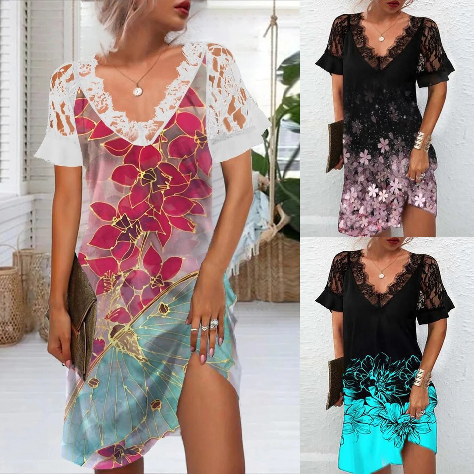 

Vintage Print dress for new year 2022 Women's Fashion Casual V Neck Short-sleeve Sexy Mesh Printing Stitching Dress Loose платья