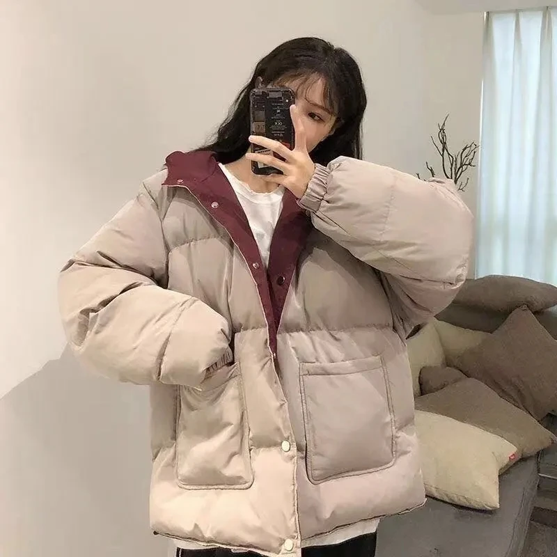 

Down Cotton Jacket Women Autumn Winter 2023 New Two Sides Patchwork Cotton Coat Fashion Casual Loose Hooded Parkas Womens