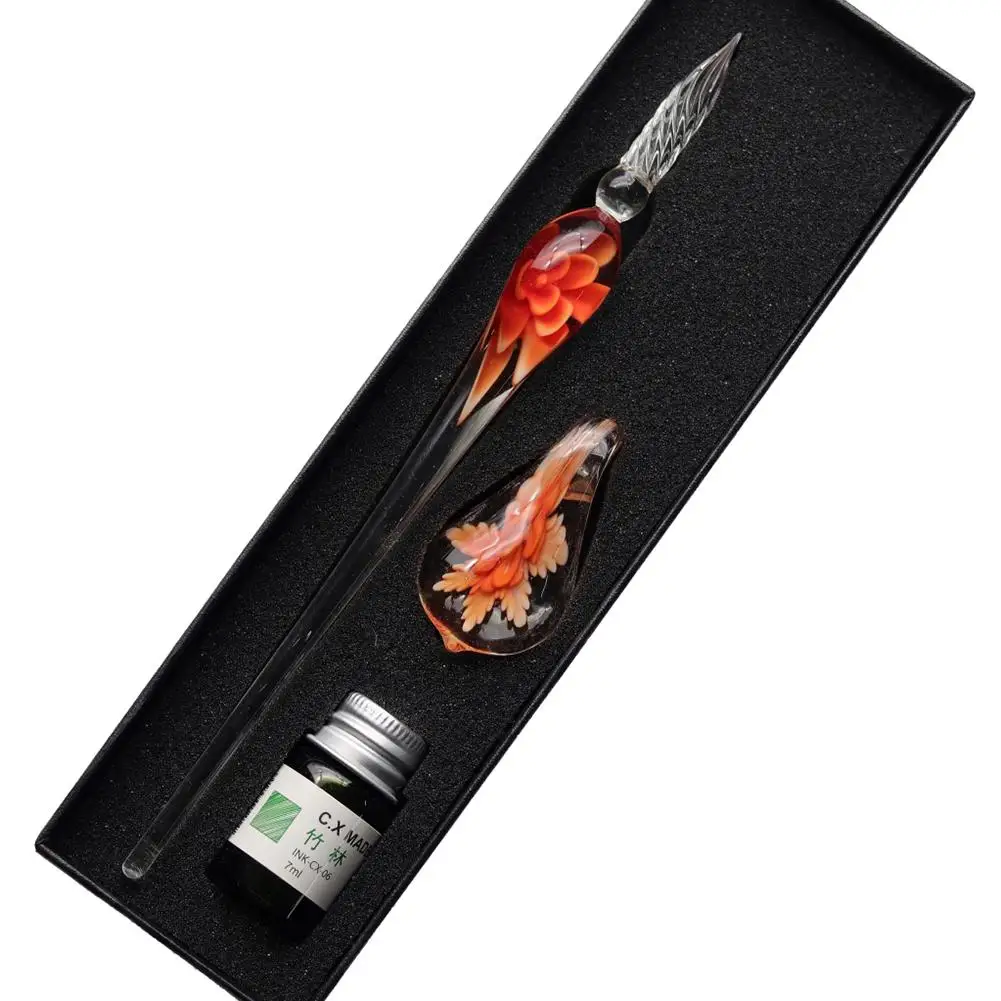 Flowers Glass Fountain Pen With Ink Pen Vintage Calligraphy Glass Dip Pen Bright Color Signature Pens Christmas Fiberglass Pens