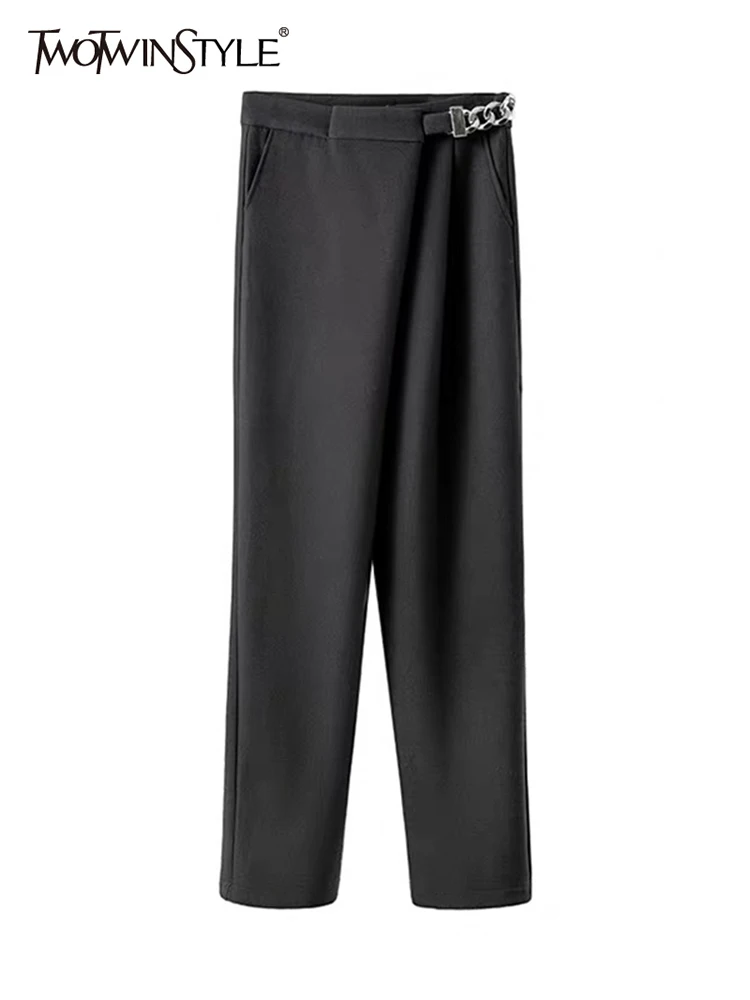 

TWOTWINSTYLE Patchwork Chain Trousers For Women High Waist Minimalist Flat Wide Leg Pants Female Fashion Style Clothing 2023 New