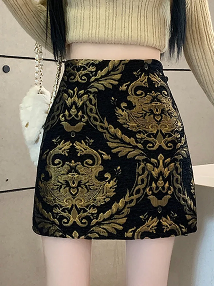 

SMTHMA New Autumn Winter Palace Style Temperament Design High Waist Jacquard Skirt Women's High Waist Elegant Slim A-Line Skirt