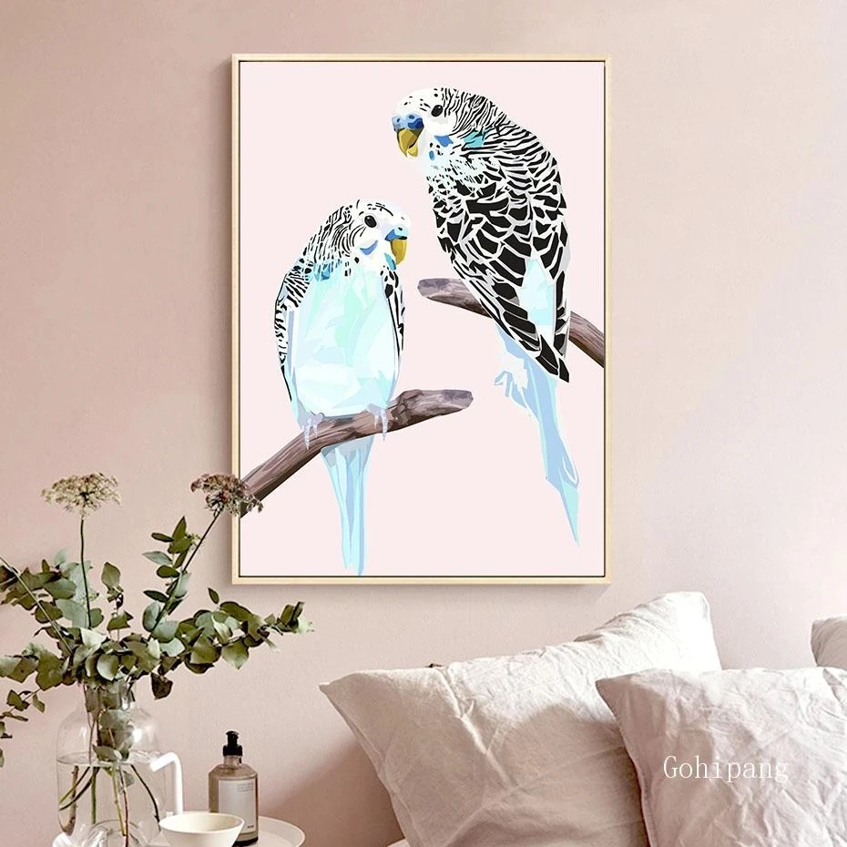 

Abstract Budgies On Branch Canvas Painting Pink Mural Art Print Bird Poster Picture Printing Gallery for Living Room Home Decor
