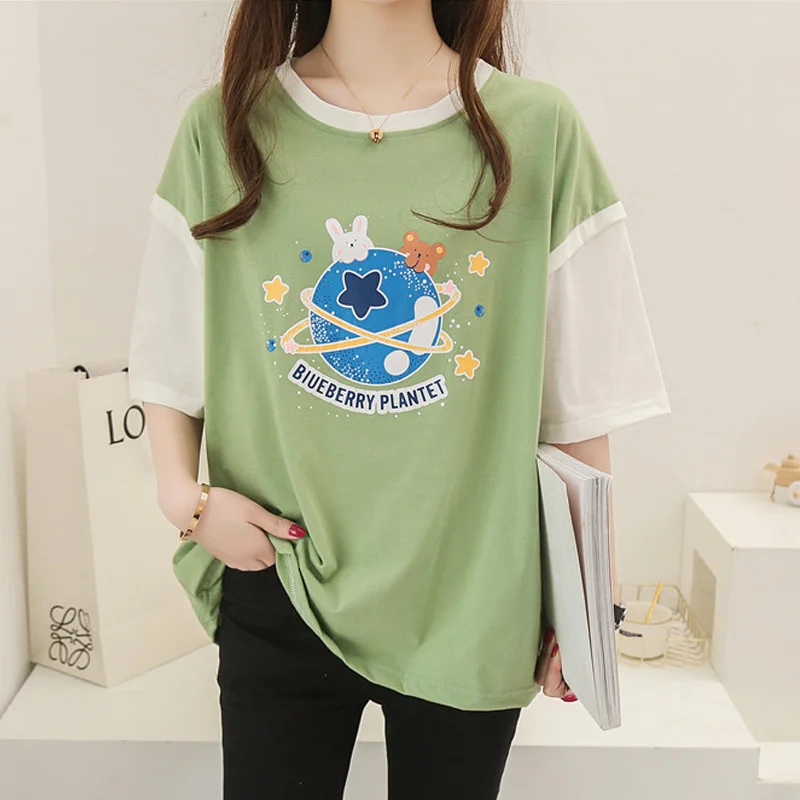 

Футболка женская оверсайз из двух предметов, Повседневный хлопковый топ с длинным рукавом и мультяшным принтом, в Корейском стиле, в стиле Харадзюку, y2k, на лето