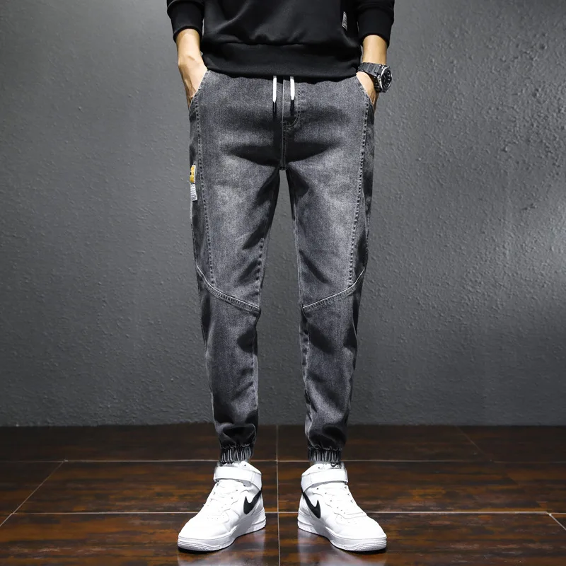 Men Jeans Streetwear Vintage Jeans Summer Solid Pocket Men Loose Denim Harem Pants Korean Lace-up Mid-Waist Elastic Pencil Jeans