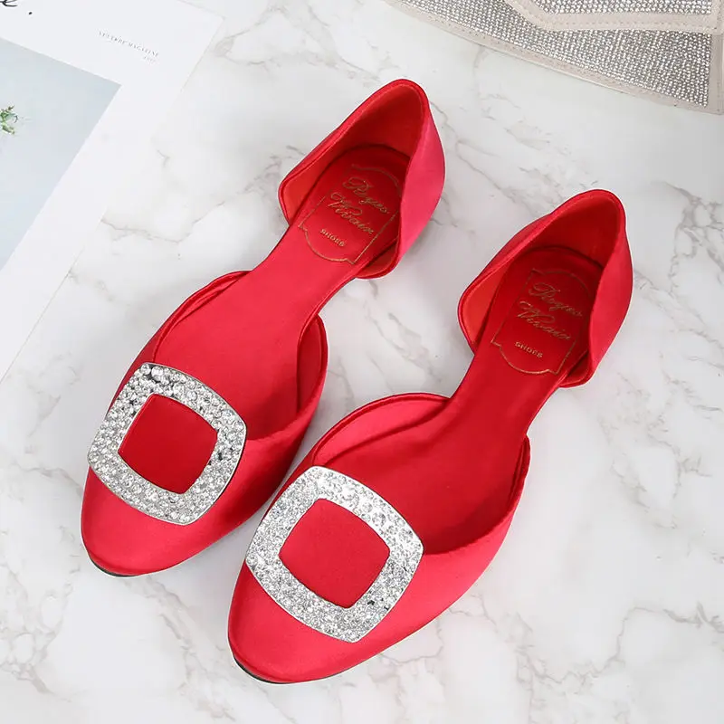 Designer Flat Shoes Women Loafers Satin Rhinestone Square Buckle Party Dress Shoes Sexy Wedding Shoes 2023 New Zapatos De Mujer