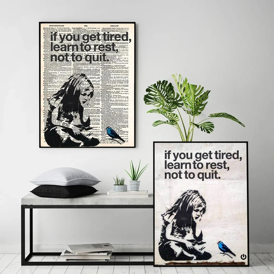 

Banksy Canvas Painting If You Get Tired Learn To Rest Not To Quit Inspirational Poster Prints Office Wall Art Living Room Decor