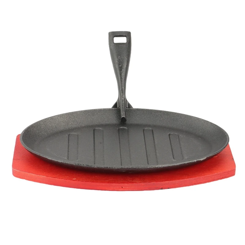

Clip Steak Teppanyaki Set Steak Sizzle Plate Cast Iron Sizzling Platter Serving Plate Wooden Base + Handle