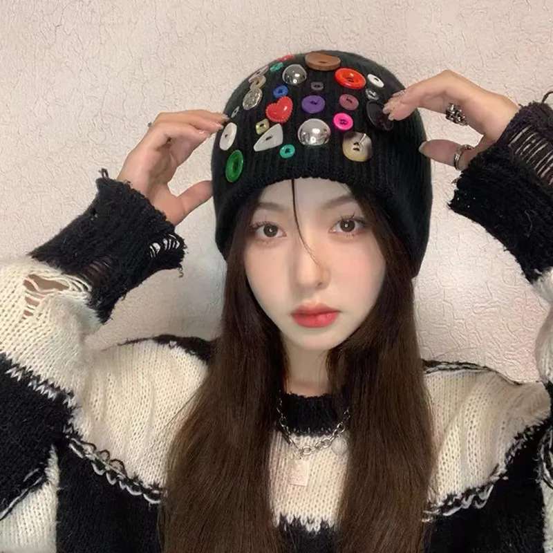 

Designer Colorful Button Knitted Hat Women's Autumn and Winter Warm Cold Hat Men's Trendy Personality hip-hop Beanie Wool Hat