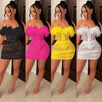 x5903 womens sexy two piece summer fashion solid color mesh perspective feather lace vest pleated short skirt suit women
