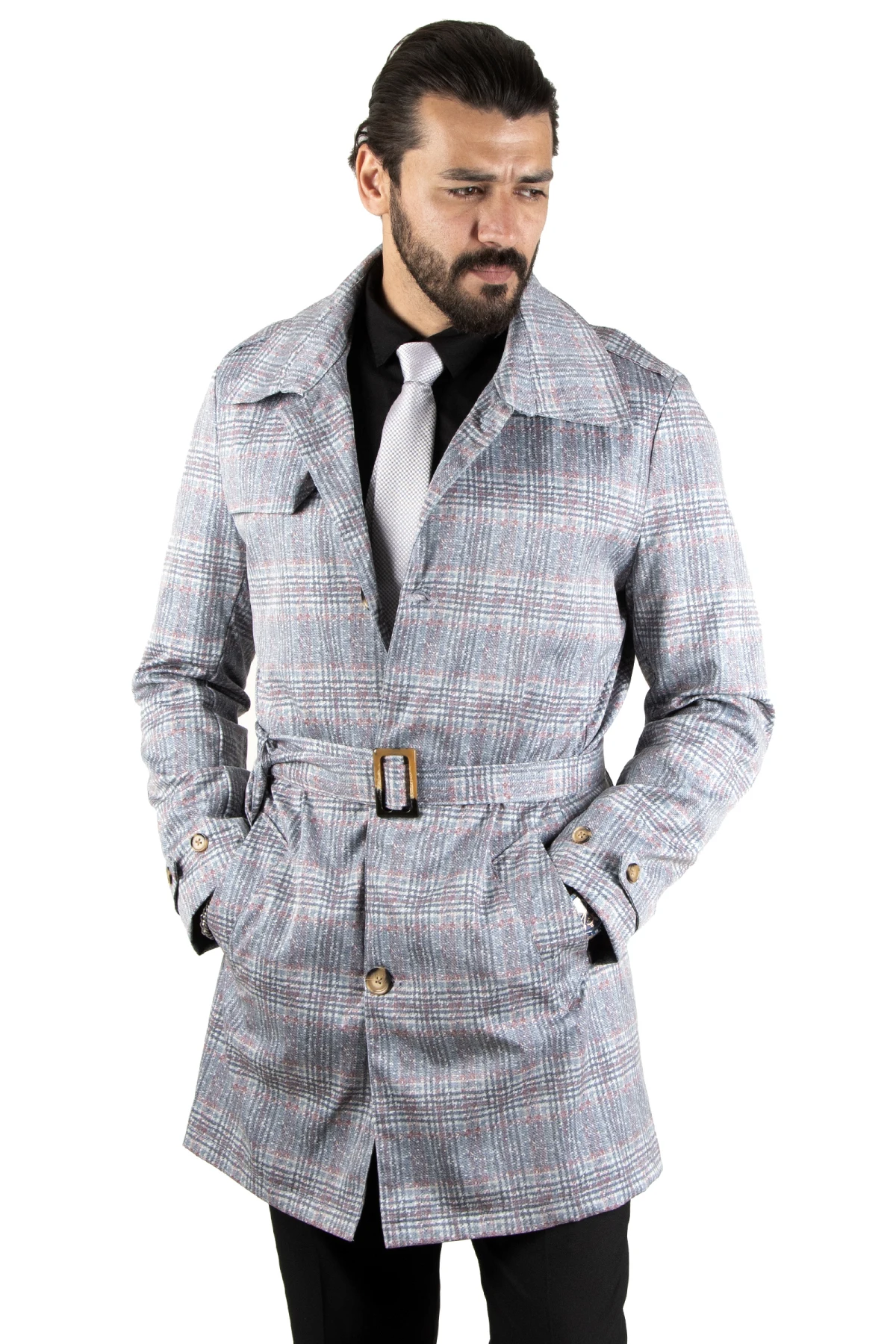 DeepSEA plaid patterned Slim Fit men's trench coat 2204009
