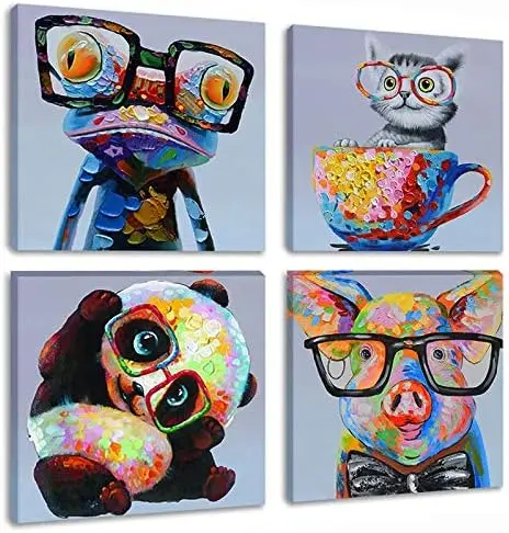 

Animal Canvas Print Contemporary Happy Frog Cat with Glasses Painting Artwork 4 Panles Picture for Bedroom Kids Room Ready to