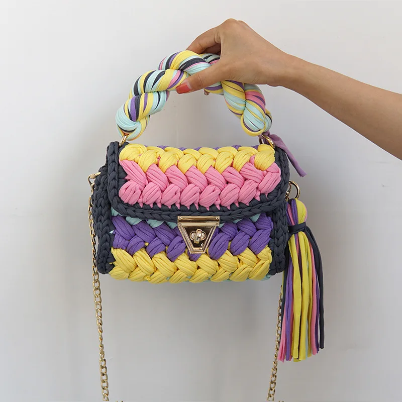 Fashion Colorful Crochet Women Handbags Tassel Thick Rope Woven Shoulder Crossbody Bags Knitted Small Flap Female Purses 2023