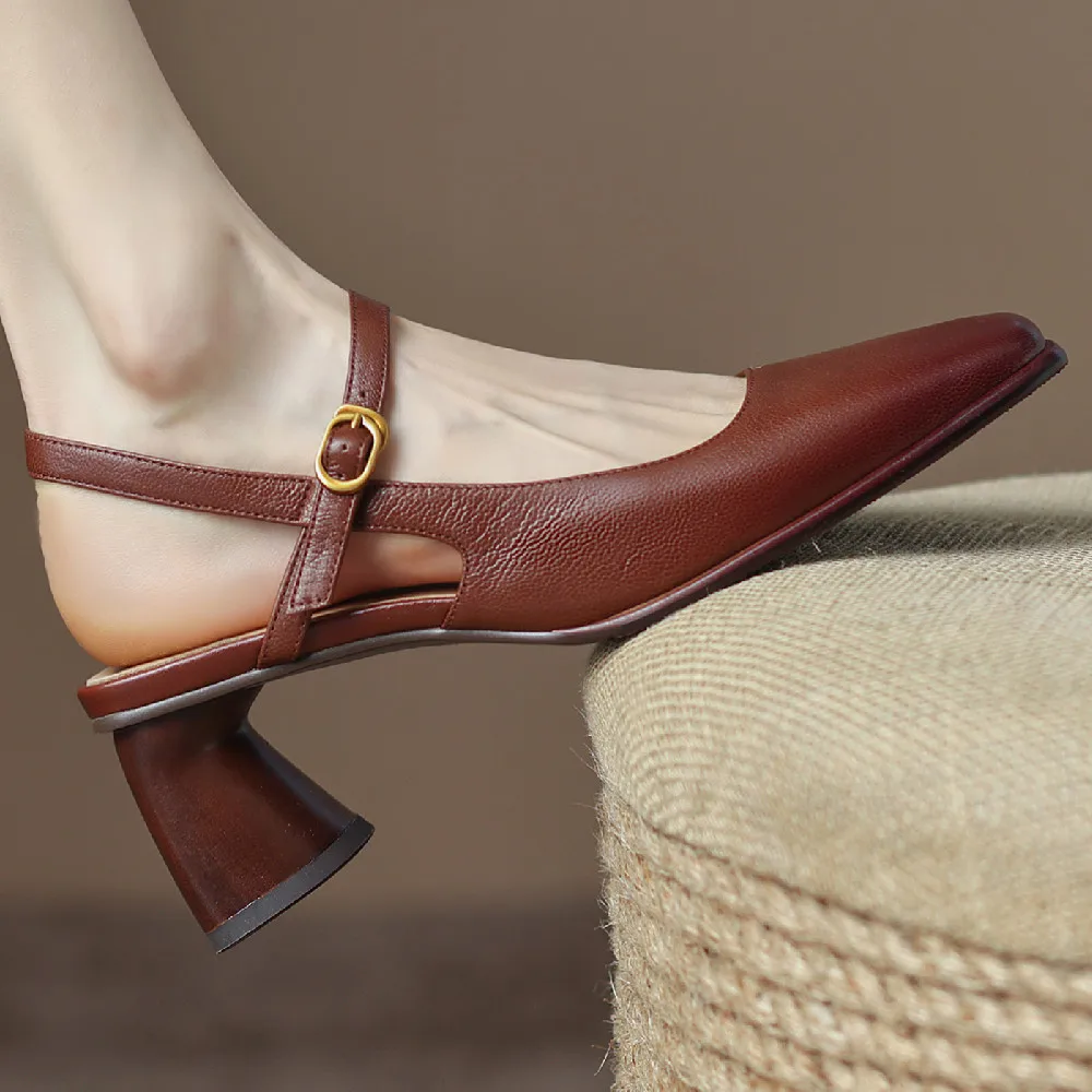 

Women's genuine leather thick high heel square toe slip-on pumps elegant ladies OL style soft comfort daily single shoes sandals