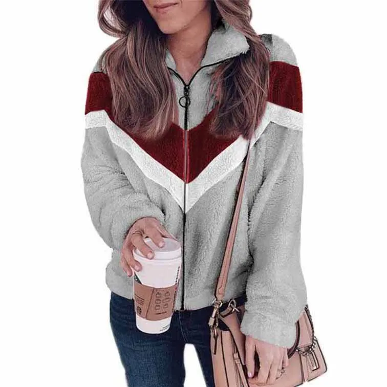 2022 Autumn and Winter New Style Plush Sweater Zipper Cardigan Contrast Color Matching Woolen Coat Top