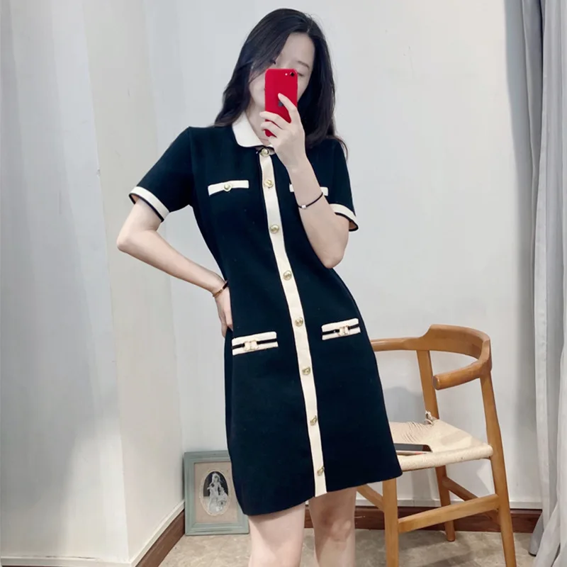 

French Paris Style New Women's Elegant Collision Color Short-sleeved Knitted Dress High Quality Fasion Polo Lapel A-line Robe