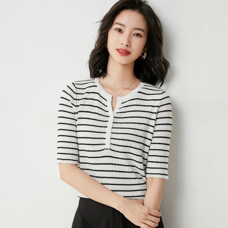 

Short-Sleeved T-Shirt Women's Striped Bottoming Short Top Spring And Summer Wool Sweater V-Neck Knitted Half-Sleeve